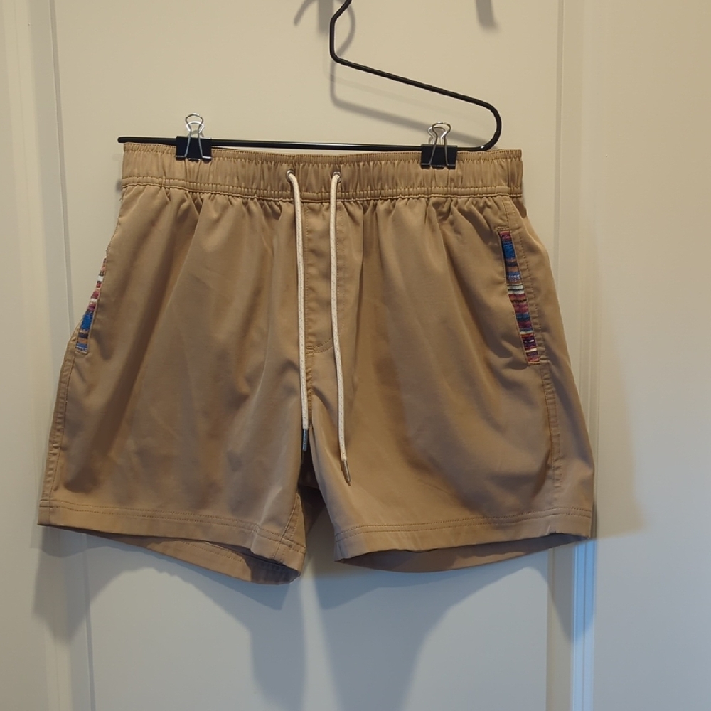 Tan Athletic Shorts with Colorful Accents